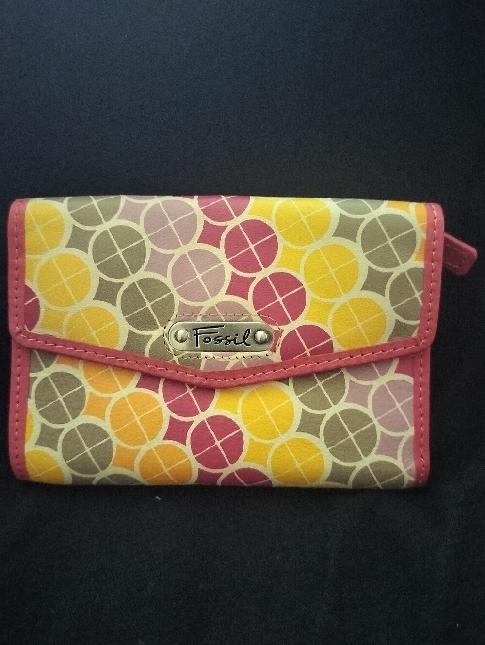Vintage Fossil Pink-Trim Multicolor Circle Print Wallet